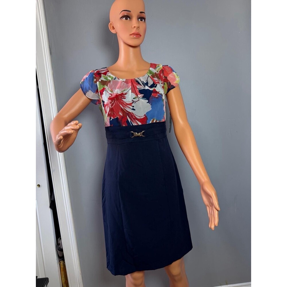 ALYX Petite 6P Floral Bodice Navy Dress Knee Length Career Occasion Zip